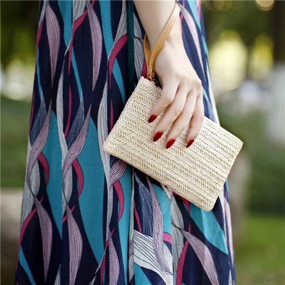 COOKOOKY Womens Straw Clutch Bag Bohemian Summer Beach Straw Purse Zipper - Picture 6 of 8